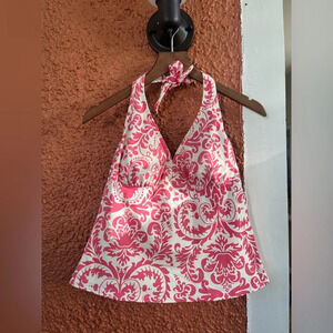 Lands End Swimsuit Top Womens 8 Tankini Pink White Floral Paisley Halter V Neck